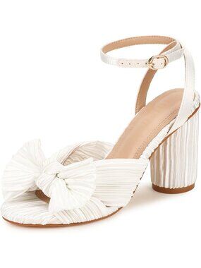 Women's White Satin 3.5 inches Open Toe Bow Knot Ankle High Chunky Heels Sandal